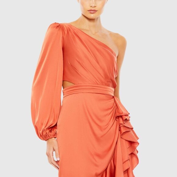 NWT Mac Duggal One Sleeve Cut Out Asymmetrical Ruffled Gown 6 Orange #8127 - Picture 2 of 8